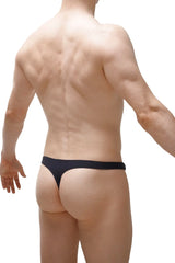 Black swim thong made from recycled fabric shown from the back side designed for sustainable swimwear use