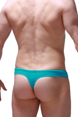 Teal-colored stretchy swim thong with a snug fit and minimalistic design shown from the back side