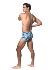 Blue floral-patterned tropics printed swim trunk made from quick-dry fabric for beach and pool use