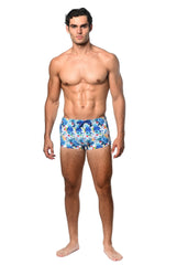 Tropics printed swim trunk in blue and white tropical print with matching blue drawstring for beachwear