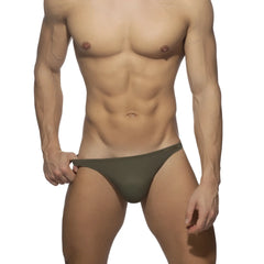 Olive green swimwear g-string briefs with a sleek minimalist design and smooth fabric finish