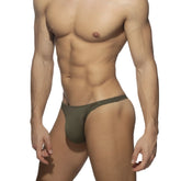 Olive green swimwear g-string thong with thin waistband and minimal coverage front view