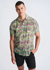 A vibrant short-sleeved button-up shirt with psychedelic green pink and white swirl pattern in lightweight cotton silk