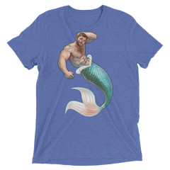 Blue heathered t-shirt featuring a muscular bearded merman with teal and white scaled tail from salt of the sea collection