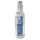 Clear glass bottle with silver pump of swiss navy water-based water based lubricant in blue text label