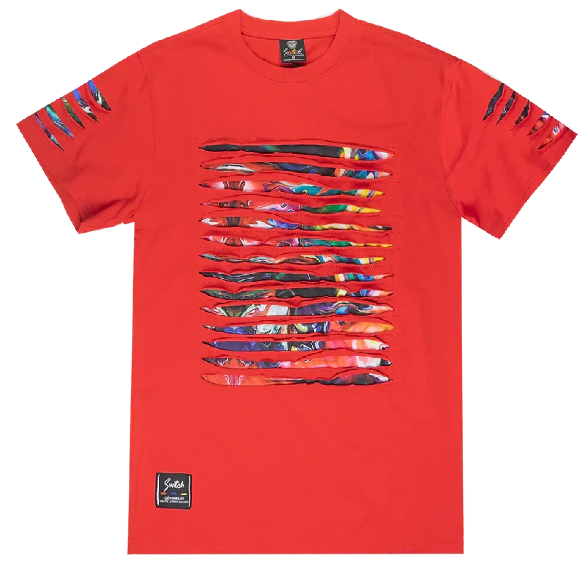 Vibrant red switch thrashed tee with bold multicolored abstract horizontal stripes and ripped sleeve accents