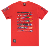 Vibrant red switch thrashed tee with bold multicolored abstract horizontal stripes and ripped sleeve accents