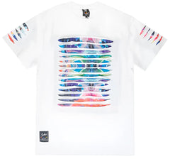 White short-sleeved cotton switch thrashed tee with vibrant multicolored abstract horizontal bands on chest and sleeves