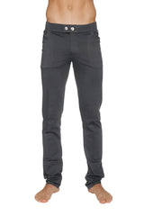 Dark gray slim-fit tactical urban at home dress pant yoga pant with soft stretchy fabric and two silver buttons at waistband