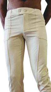 Beige tactical urban at home dress cargo pants with tailored fit two front buttons and visible seam detailing
