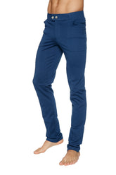 Dark blue slim-fit tactical urban dress pant with two silver buttons at waistband for yoga and home use