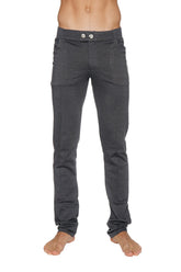 Dark gray slim-fit tactical urban at home dress pant yoga pant with soft stretchy fabric and two silver buttons at waistband