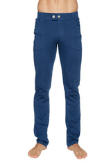 Deep blue slim-fit tactical urban at home dress pant yoga pant with silver toned buttons at waistband