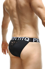 Black lace-trimmed tanga bigoo lace net briefs with a bold white lettered waistband for stylish comfort