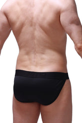 Black tanga pinces briefs with smooth form-fitting fabric and wide elastic waistband shown from the back side