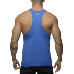 Blue athletic tank top showing back with subtle gray logo printed on upper back for activewear use