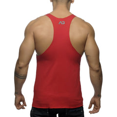 Red athletic tank top back view with small gray logo printed on upper back for activewear use