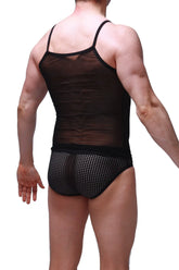 Black sheer mesh tank net black with thin straps and black waistband for breathable stylish layering