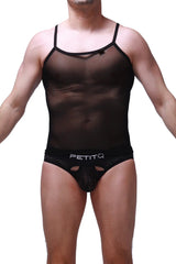 Black sheer mesh tank top with thin straps and matching black mesh briefs featuring the petitq brand logo