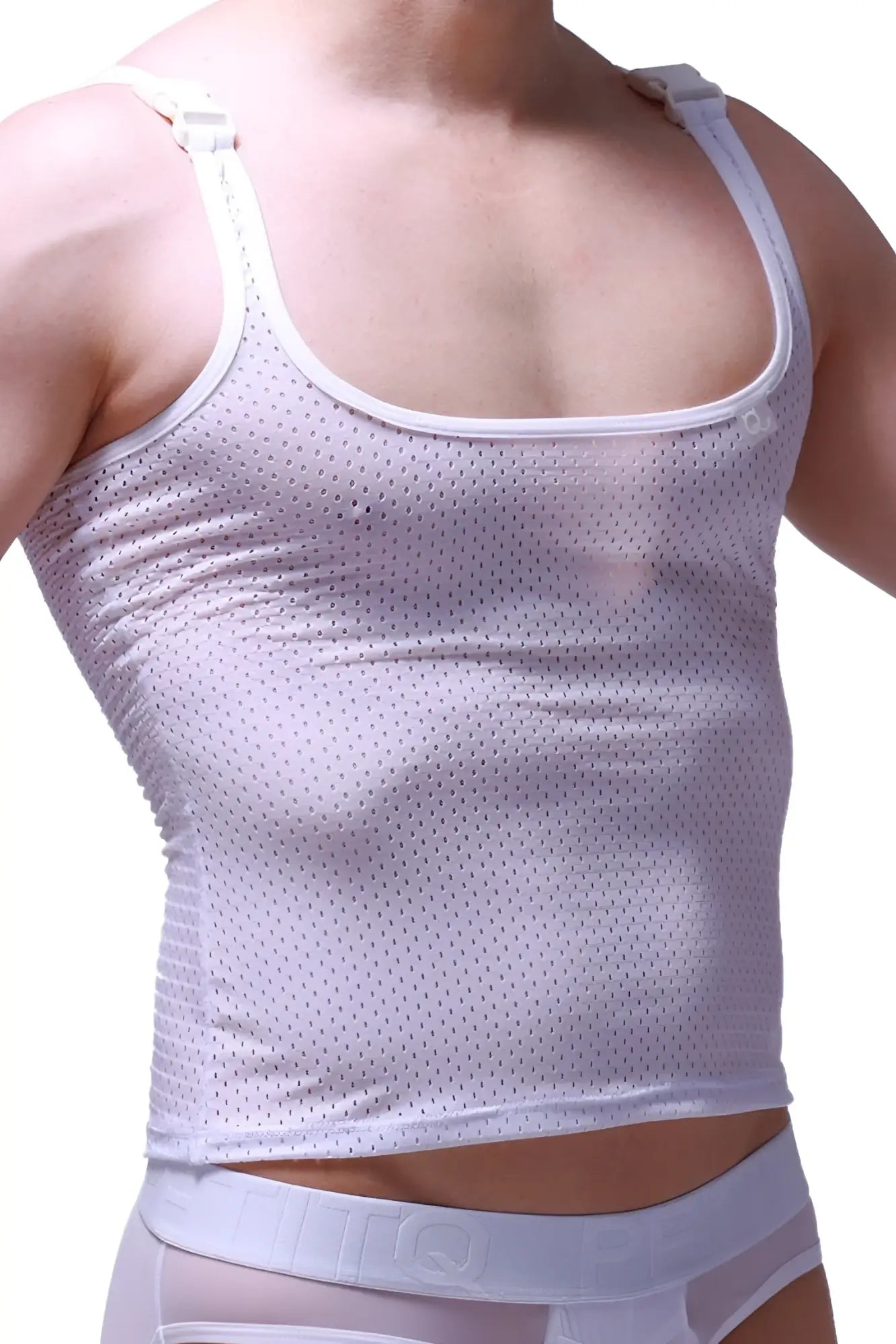 White mesh tank top attan bee with adjustable straps and scoop neckline for casual summer wear