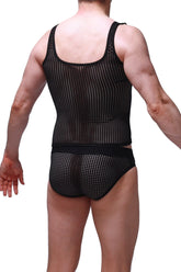 Black mesh tank top attan durtol with matching briefs set showcasing breathable lightweight fabric