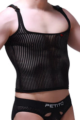 Black mesh tank top attan durtol with square neckline adjustable straps and small red logo on upper right chest