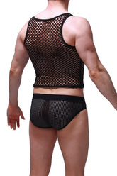 Black mesh tank top and matching briefs set featuring breathable mesh fabric in black for stylish layering or casual wear