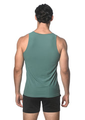 A sleek teal textured mesh performance tank with sleeveless design and smooth form-fitting fabric