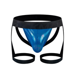 Blue metallic tartarus coated jock harness briefs with black elastic waistband and leg straps front view