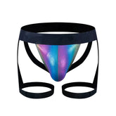 Tartarus coated jock harness iridescent holographic briefs with black elastic waistband and leg straps front view