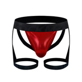 Red metallic coated jock harness briefs with black elastic waistband and leg straps for supportive fit