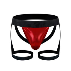 Red metallic coated jock harness briefs with black elastic waistband and leg straps for supportive fit