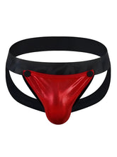 Red metallic tartarus coated jockstrap briefs with black elastic waistband and side straps front view