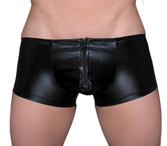 Back side of black patent leather briefs with central rear zipper tartarus coated trunk design