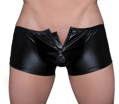 Black patent leather briefs with central front zipper tartarus coated trunk for stylish edgy wear