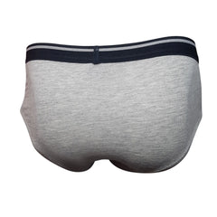 Tartarus cotton brief in gray heathered fabric with a navy waistband featuring two thin white stripes