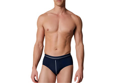 Navy blue tartarus cotton brief with gray waistband stripe and vertical seam detail on the center front