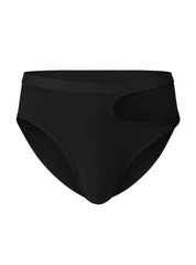 Black tartarus cut out brief high-waisted bikini bottom with sleek smooth fabric and distinctive side cutout visible from back