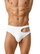 White Tartarus cut out briefs featuring a form-fitting design and distinctive side cutout for stylish comfort