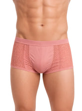 Pink tartarus lace boyshort briefs with lace trim elastic waistband and smooth solid fabric center front