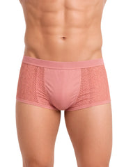 Pink tartarus lace boyshort briefs with lace trim elastic waistband and smooth solid fabric center front