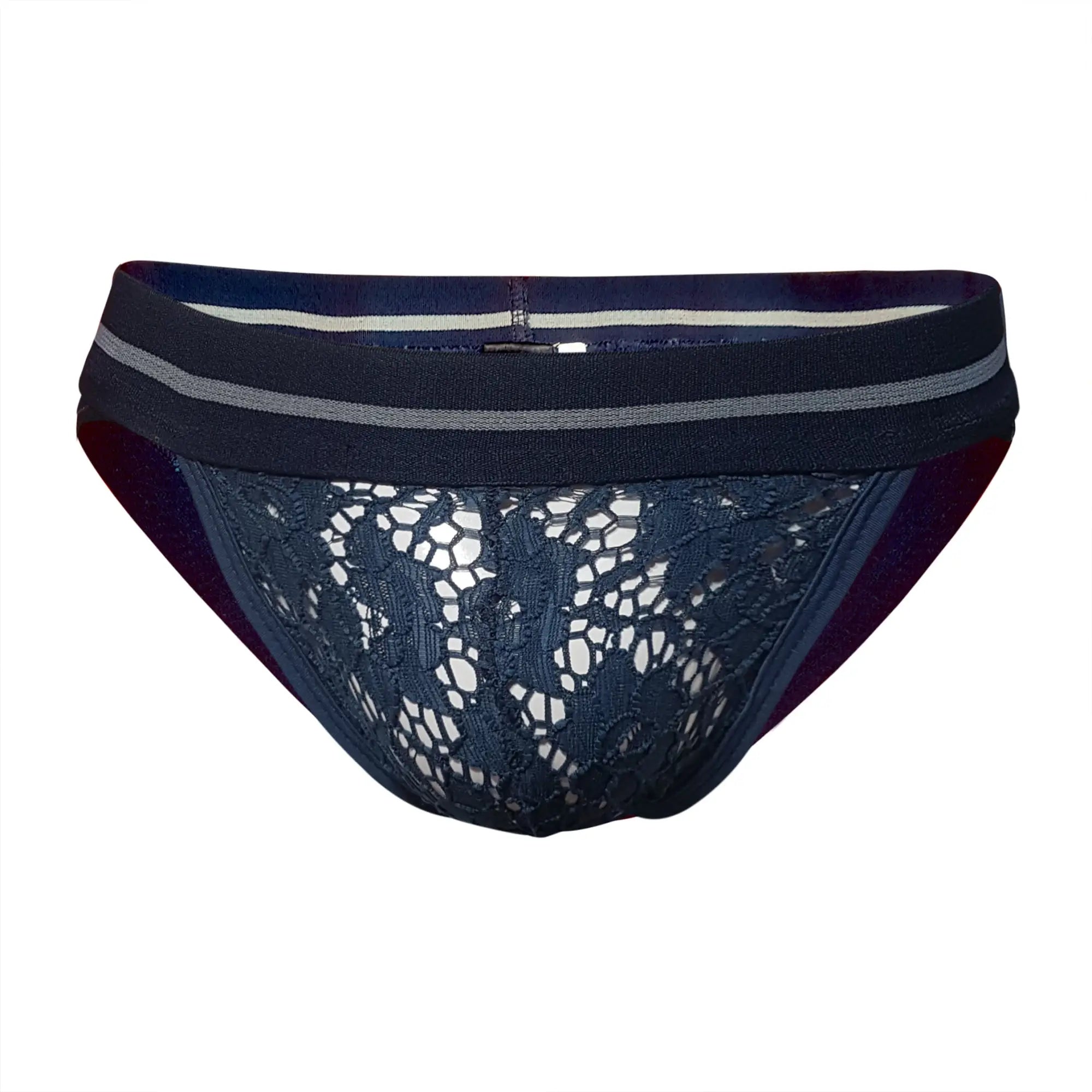 Dark navy tartarus lace brief with striped elastic waistband made from delicate lace fabric