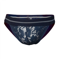 Dark navy tartarus lace brief with striped elastic waistband made from delicate lace fabric