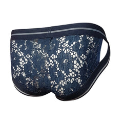 Navy blue tartarus lace brief with delicate floral lace and contrasting gray trim on waistband and leg openings