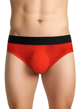 Red mesh briefs with a black waistband tartarus mesh jock showcasing breathable mesh fabric and bold color contrast