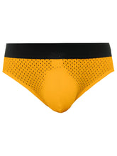 Yellow mesh briefs with black waistband tartarus mesh jock front view featuring breathable material