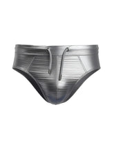 Silver metallic brief swim trunks with ribbed texture and matching drawstrings from tartarus collection