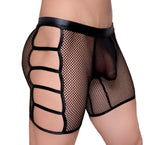 Black tartarus mini net trunk briefs with shiny faux leather waistband and reinforced horizontal straps