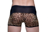 Black and tan leopard-print tartarus peakaboo trunk briefs with a sheer mesh waistband for stylish comfort