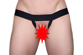 Black tartarus ring g-string thong featuring a red starburst graphic on the front designed for bold style